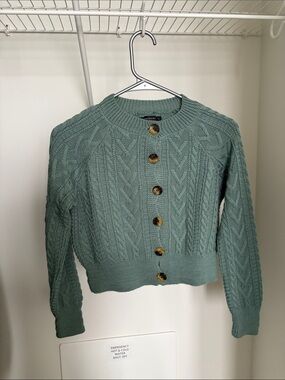 Cable Knit Button-Front Crop Sweater - Sage Green